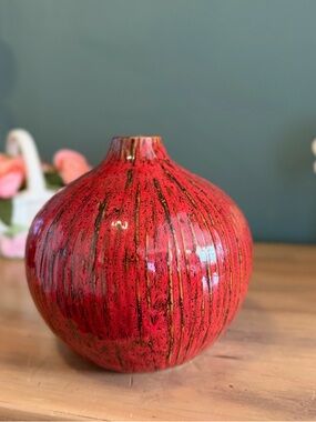 Red Drip Glaze Ceramic Vase Round Mid Century Modern Decor